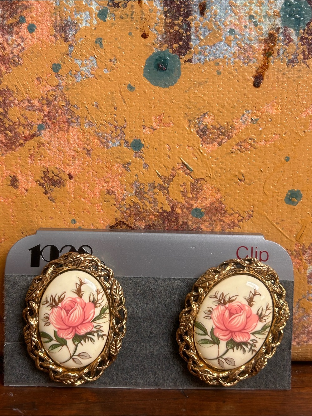 1928 brand gold-toned clip-on earrings cameo design pink rose floral motif